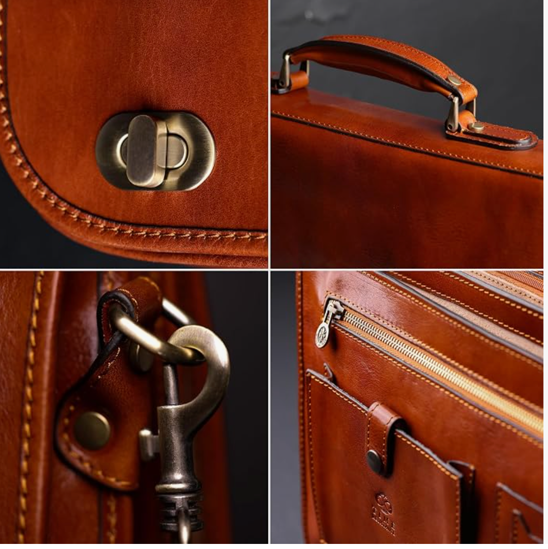Men's Vintage Genuine Leather Briefcase | Italian Full-Grain Cowhide Laptop Bag | Business Handbag & Crossbody | Premium Gift Box