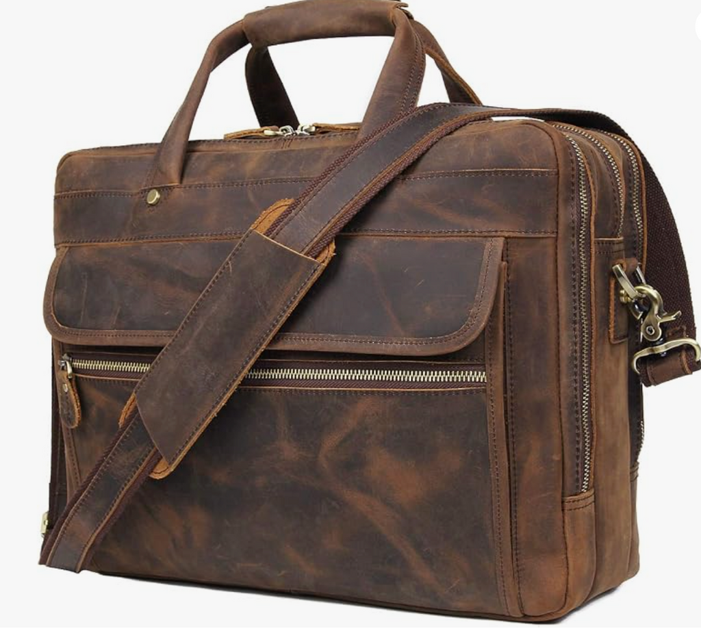 Men's Genuine Leather Briefcase | Business Travel Bag | Fits 15.6" Laptop | 100% Full-Grain Leather | YKK Zipper | 8 Card Slots + 3 Pen Loops | Detachable Shoulder Strap & Luggage Sleeve