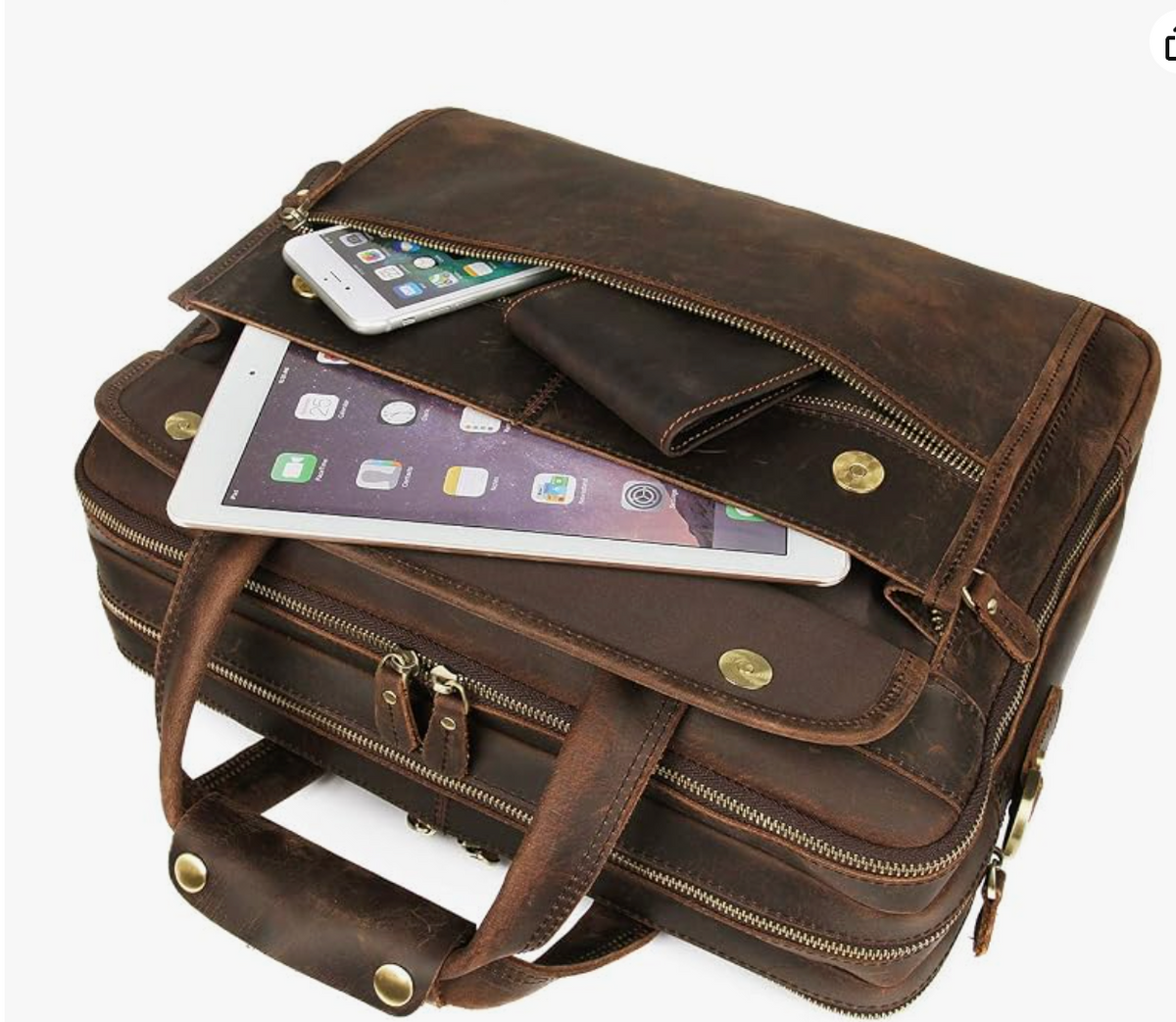 Men's Genuine Leather Briefcase | Business Travel Bag | Fits 15.6" Laptop | 100% Full-Grain Leather | YKK Zipper | 8 Card Slots + 3 Pen Loops | Detachable Shoulder Strap & Luggage Sleeve