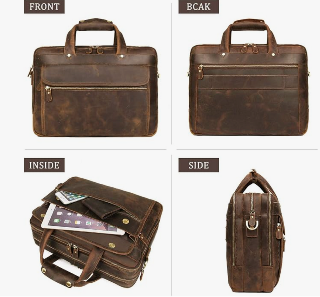 Men's Genuine Leather Briefcase | Business Travel Bag | Fits 15.6" Laptop | 100% Full-Grain Leather | YKK Zipper | 8 Card Slots + 3 Pen Loops | Detachable Shoulder Strap & Luggage Sleeve