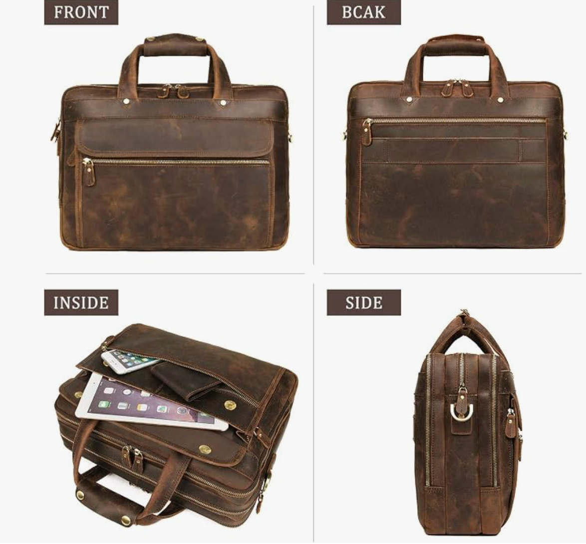 Men's Genuine Leather Briefcase | Business Travel Bag | Fits 15.6" Laptop | 100% Full-Grain Leather | YKK Zipper | 8 Card Slots + 3 Pen Loops | Detachable Shoulder Strap & Luggage Sleeve