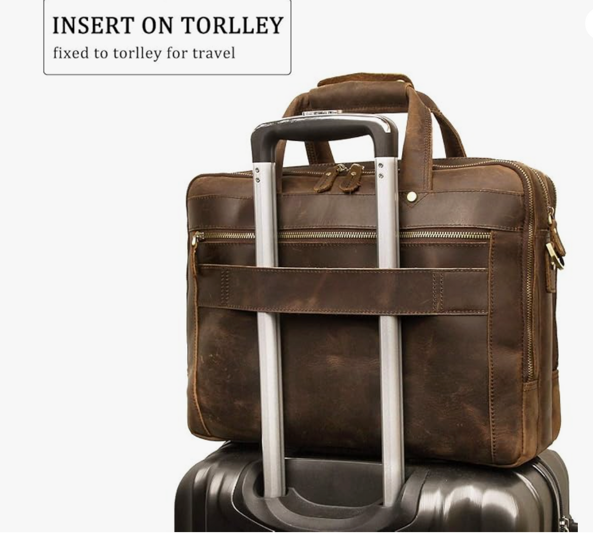 Men's Genuine Leather Briefcase | Business Travel Bag | Fits 15.6" Laptop | 100% Full-Grain Leather | YKK Zipper | 8 Card Slots + 3 Pen Loops | Detachable Shoulder Strap & Luggage Sleeve