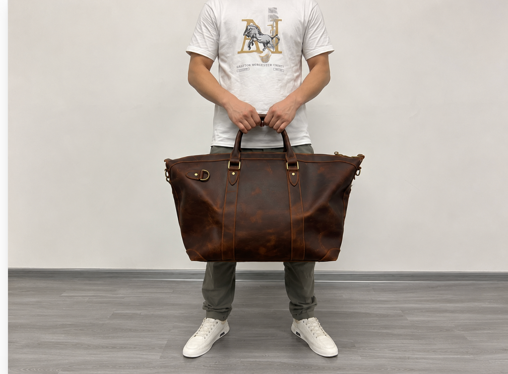 Men’s Vintage Full-Grain Leather Travel & Business Bag – Large Capacity Briefcase with Shoulder Strap, Fits 15.6" Laptop