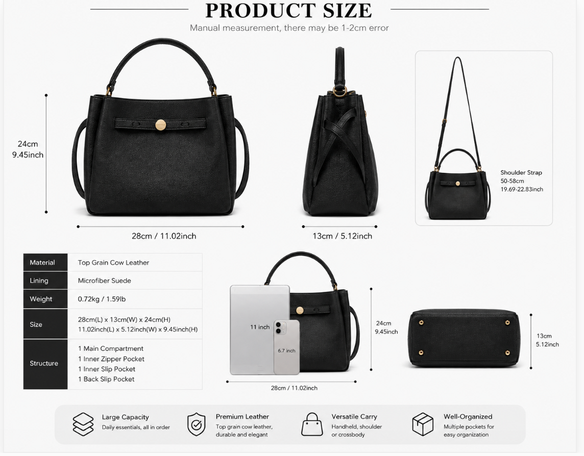 Women's Genuine Leather Structured Tote Bag – Large Capacity Top Handle Shoulder Bag