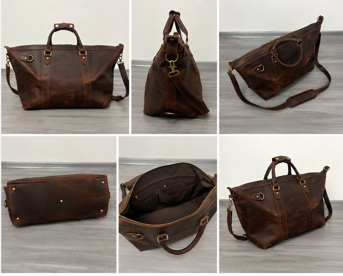 Men’s Vintage Full-Grain Leather Travel & Business Bag – Large Capacity Briefcase with Shoulder Strap, Fits 15.6" Laptop