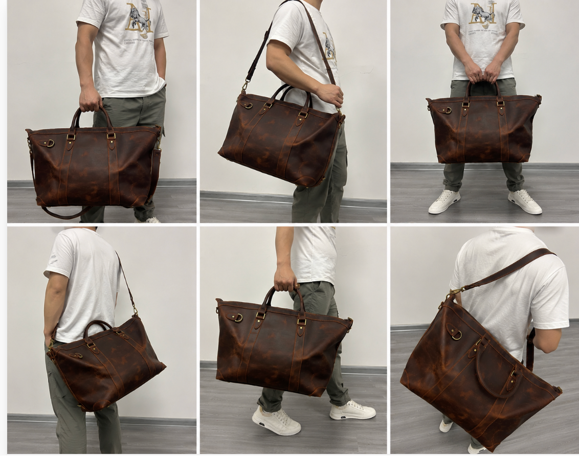 Men’s Vintage Full-Grain Leather Travel & Business Bag – Large Capacity Briefcase with Shoulder Strap, Fits 15.6" Laptop