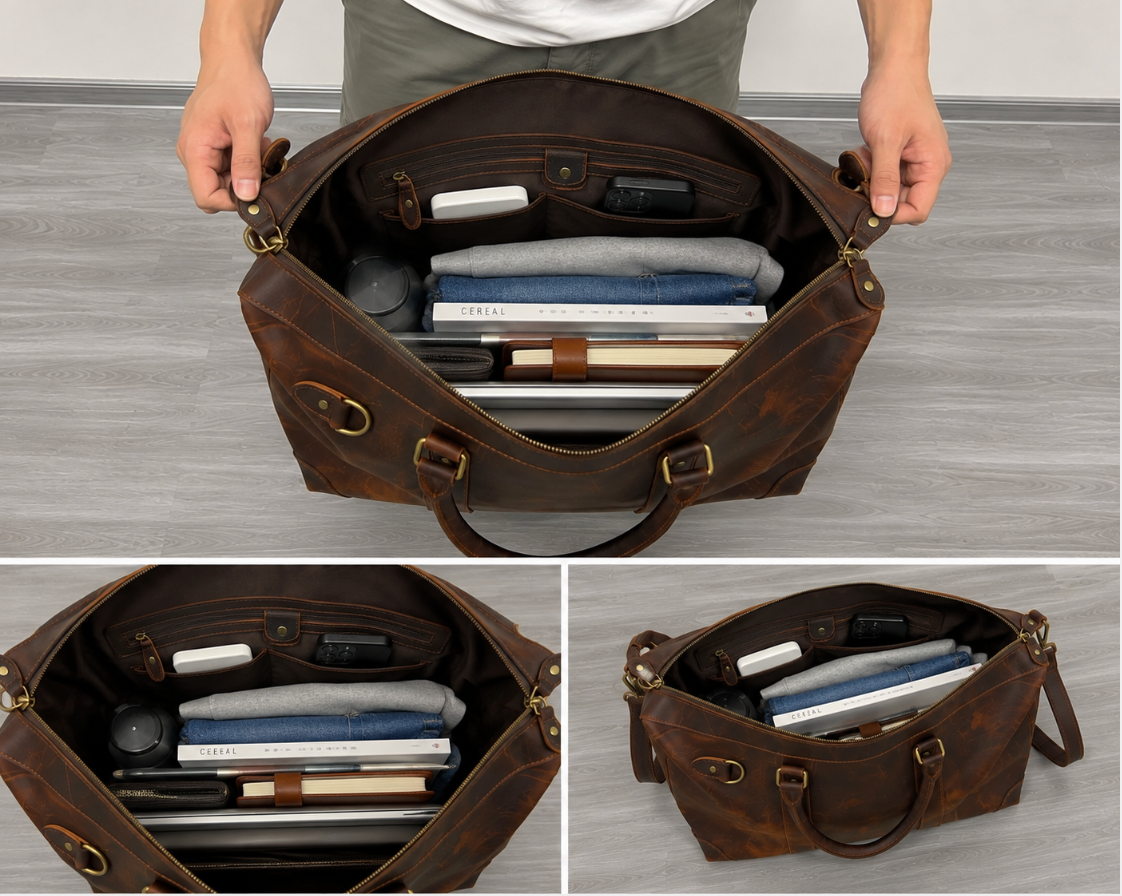 Men’s Vintage Full-Grain Leather Travel & Business Bag – Large Capacity Briefcase with Shoulder Strap, Fits 15.6" Laptop