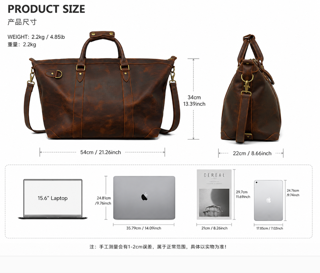 Men’s Vintage Full-Grain Leather Travel & Business Bag – Large Capacity Briefcase with Shoulder Strap, Fits 15.6" Laptop