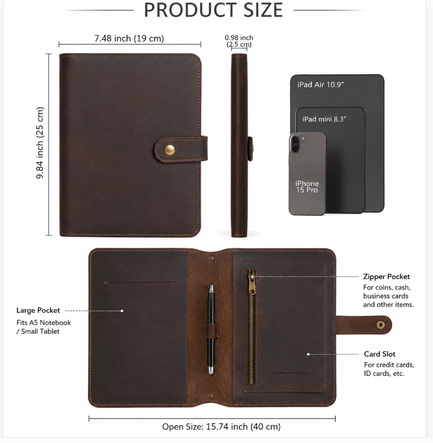Custom Leather Portfolio Organizer – A5 Notebook & Bible Cover | OEM / ODM Manufacturer