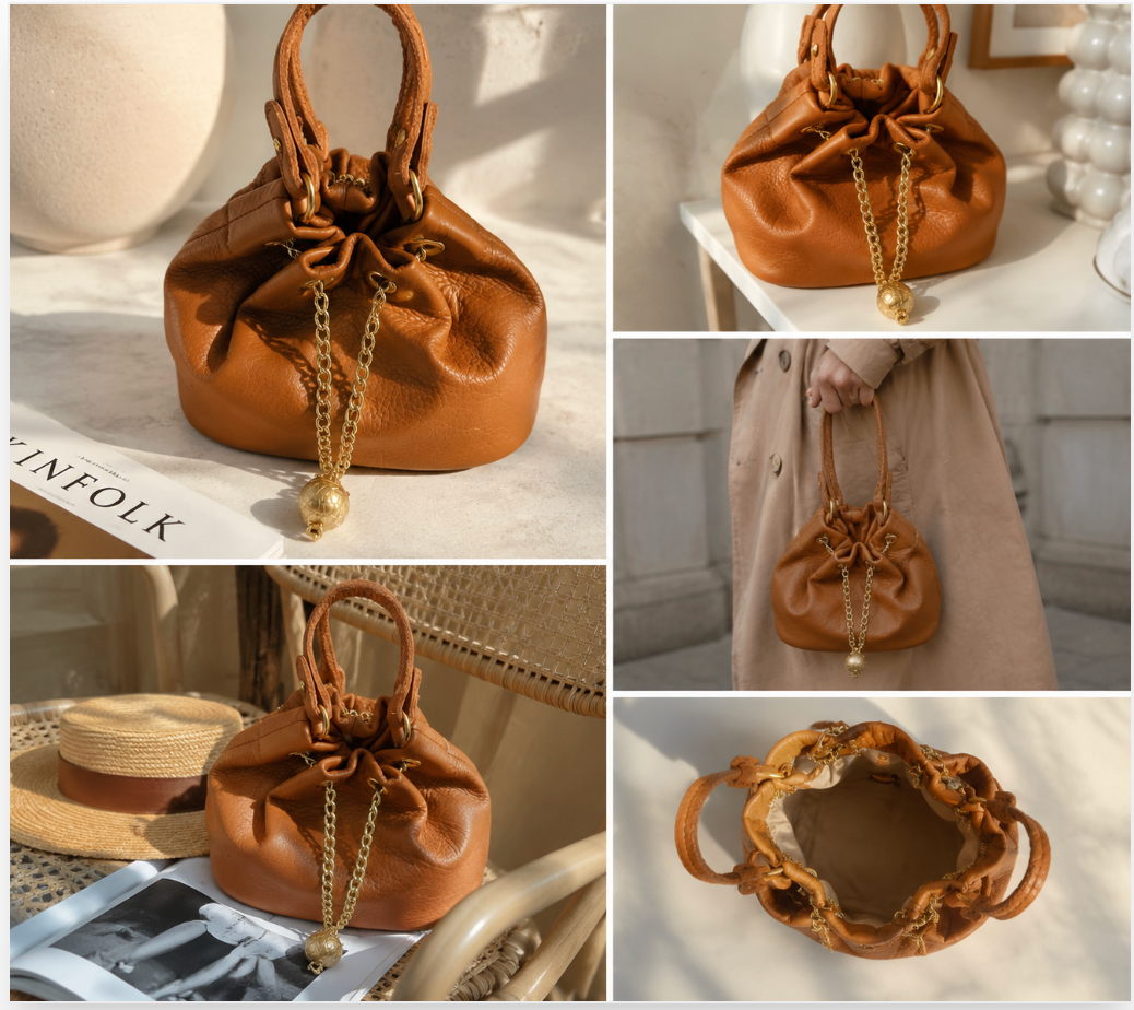 Elegant Genuine Leather Ruched Shoulder Bag