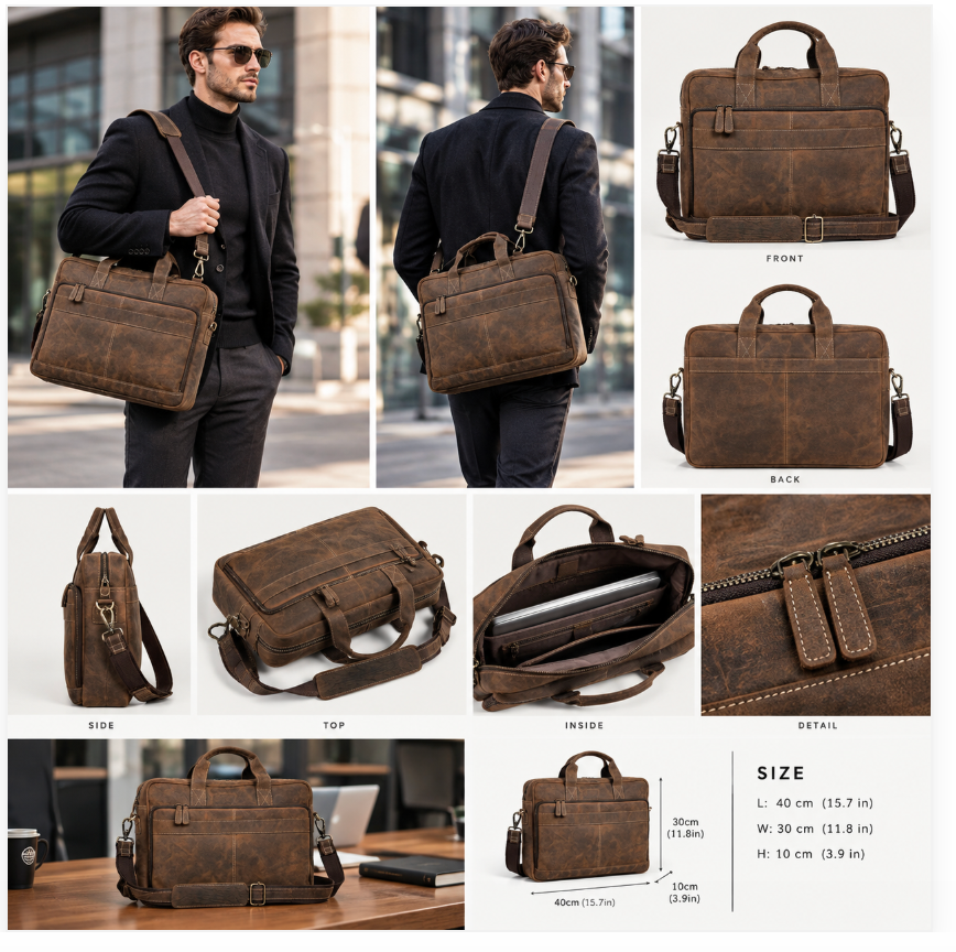 Genuine Leather Briefcase | 16" Laptop Messenger Bag for Men & Women