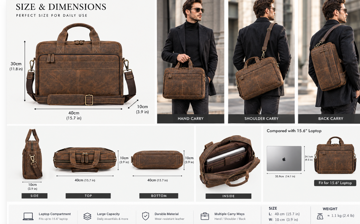 Genuine Leather Briefcase | 16" Laptop Messenger Bag for Men & Women