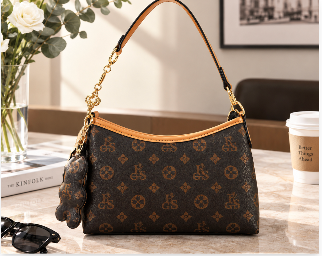 Luxury Women’s Shoulder Bag, Vintage Monogram Handbag with Gold Chain & Cute Bear Charm
