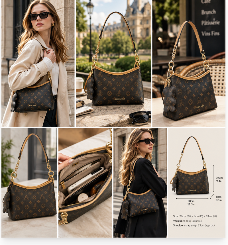 Luxury Women’s Shoulder Bag, Vintage Monogram Handbag with Gold Chain & Cute Bear Charm