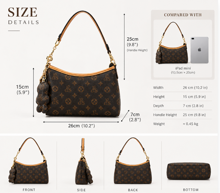 Luxury Women’s Shoulder Bag, Vintage Monogram Handbag with Gold Chain & Cute Bear Charm