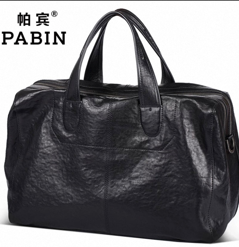 Pabin Men's Genuine Leather Large Capacity Travel Tote Bag | Full-Grain Cowhide Shoulder & Crossbody Bag