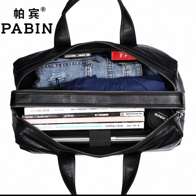 Pabin Men's Genuine Leather Large Capacity Travel Tote Bag | Full-Grain Cowhide Shoulder & Crossbody Bag